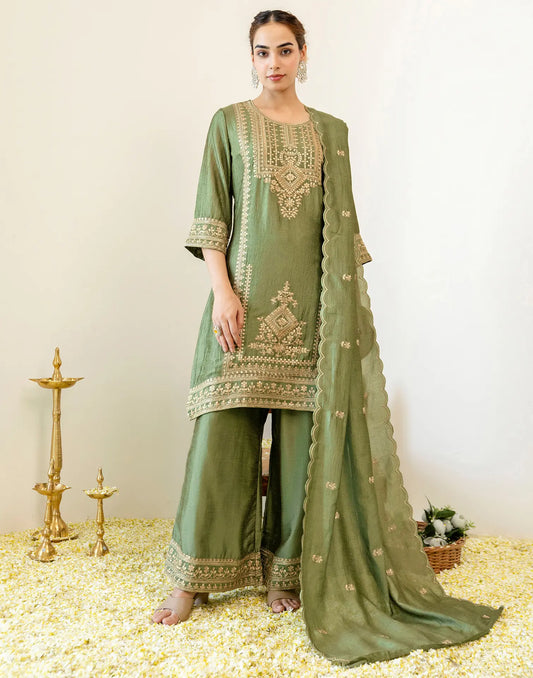 Sage Green Round Neck Heavy Embroidered Palazzo 3 Piece Kurta Set With Dupatta