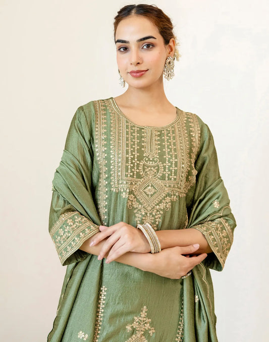 Sage Green Round Neck Heavy Embroidered Palazzo 3 Piece Kurta Set With Dupatta