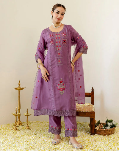 Lilac & Mauve Purple Round Neck Floral Embroidered A-Line 3 Piece Kurta Set With Dupatta