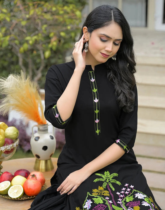 Cotton Embroidered Mandarin Collar Straight Kurta with Pant & Dupatta