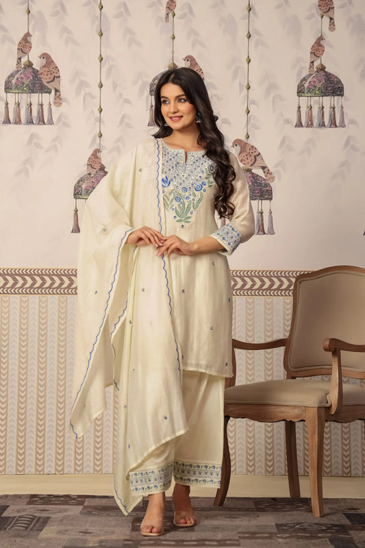 Mul Chanderi Embroidered Straight 3 Piece Kurta Set