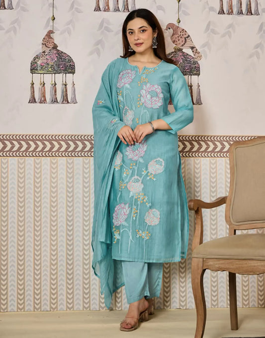 Aqua Blue Notched Round Neck Floral Embroidered Straight 3-Piece Kurta Set with Dupatta