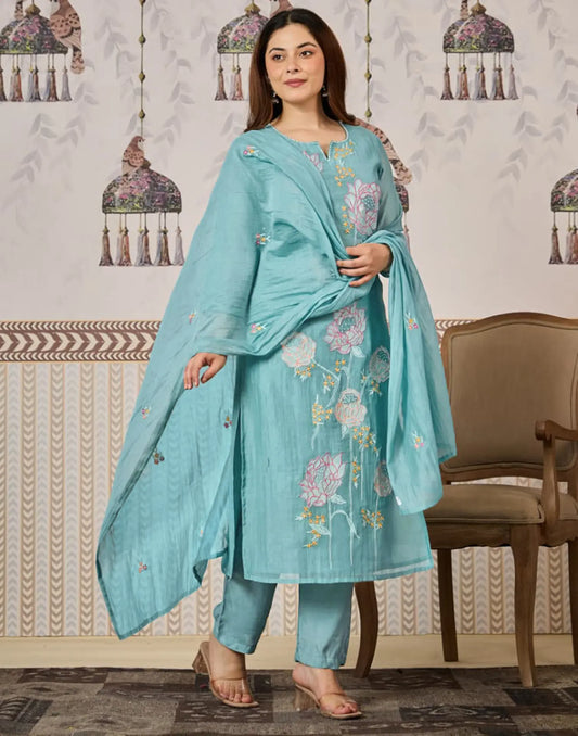 Aqua Blue Notched Round Neck Floral Embroidered Straight 3-Piece Kurta Set with Dupatta