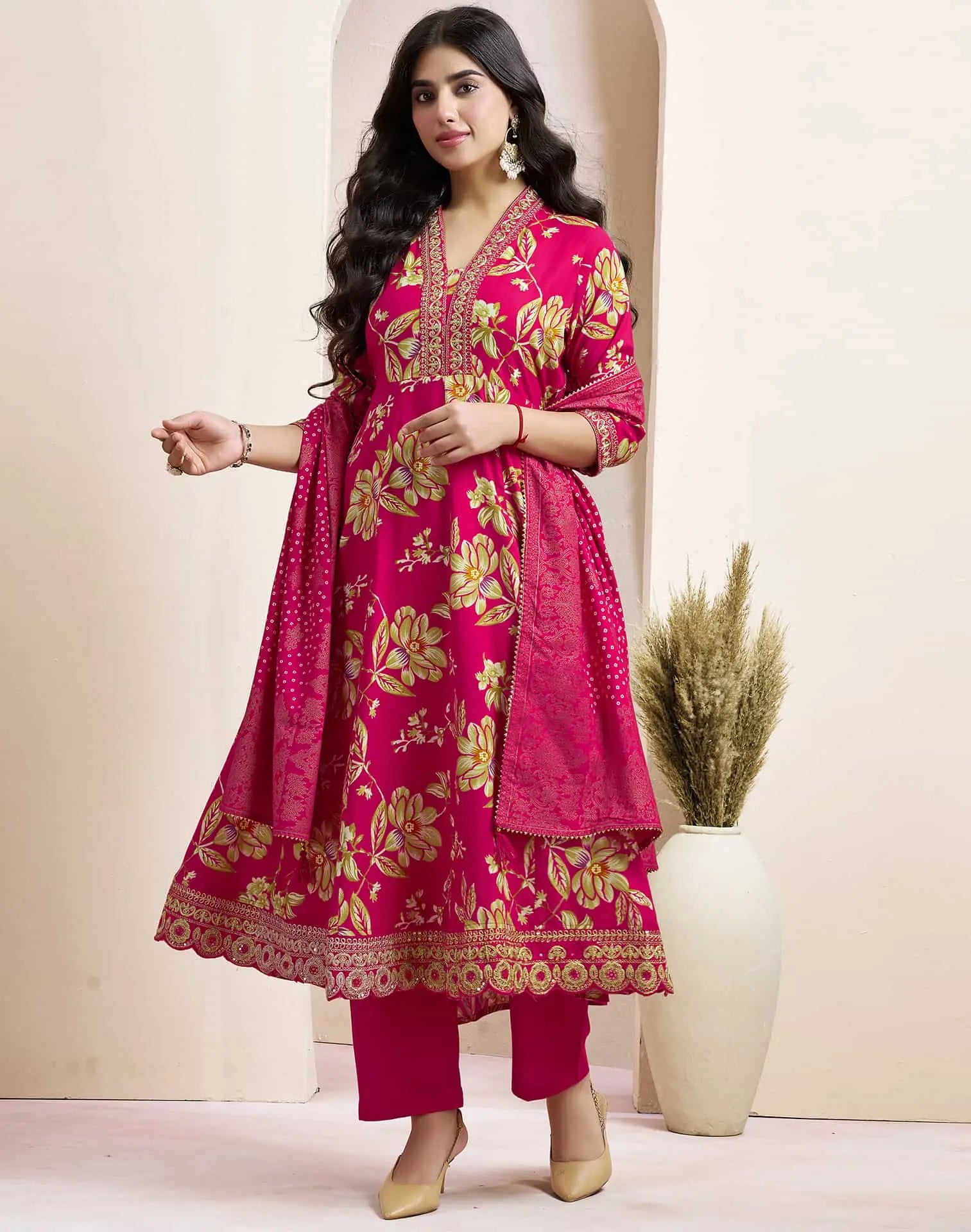 Pink Cotton Printed Anarkali Kurta Set with Pant & Dupatta for Women V-Neck, Casual & Festival Wear Under 1299