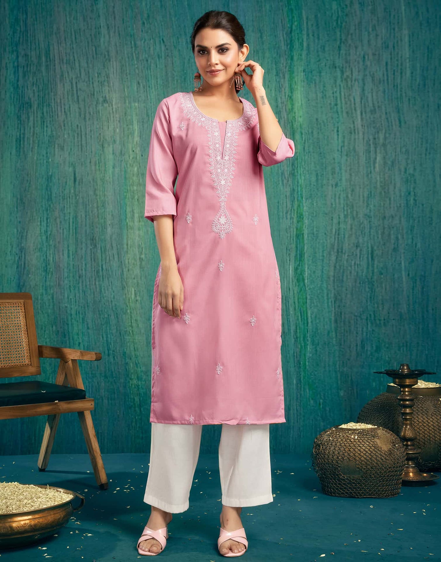 Cotton Embroidered Straight Kurti