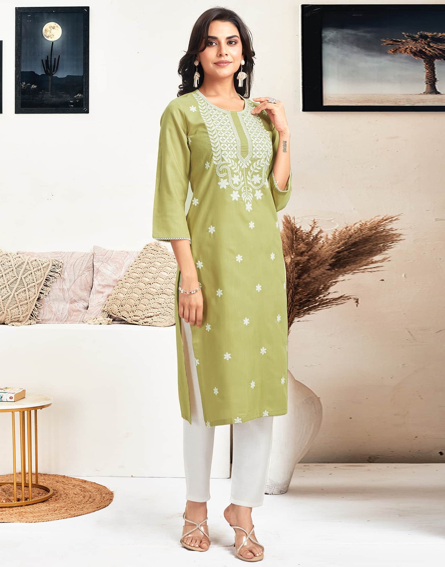 Cotton Embroidered Straight Kurti