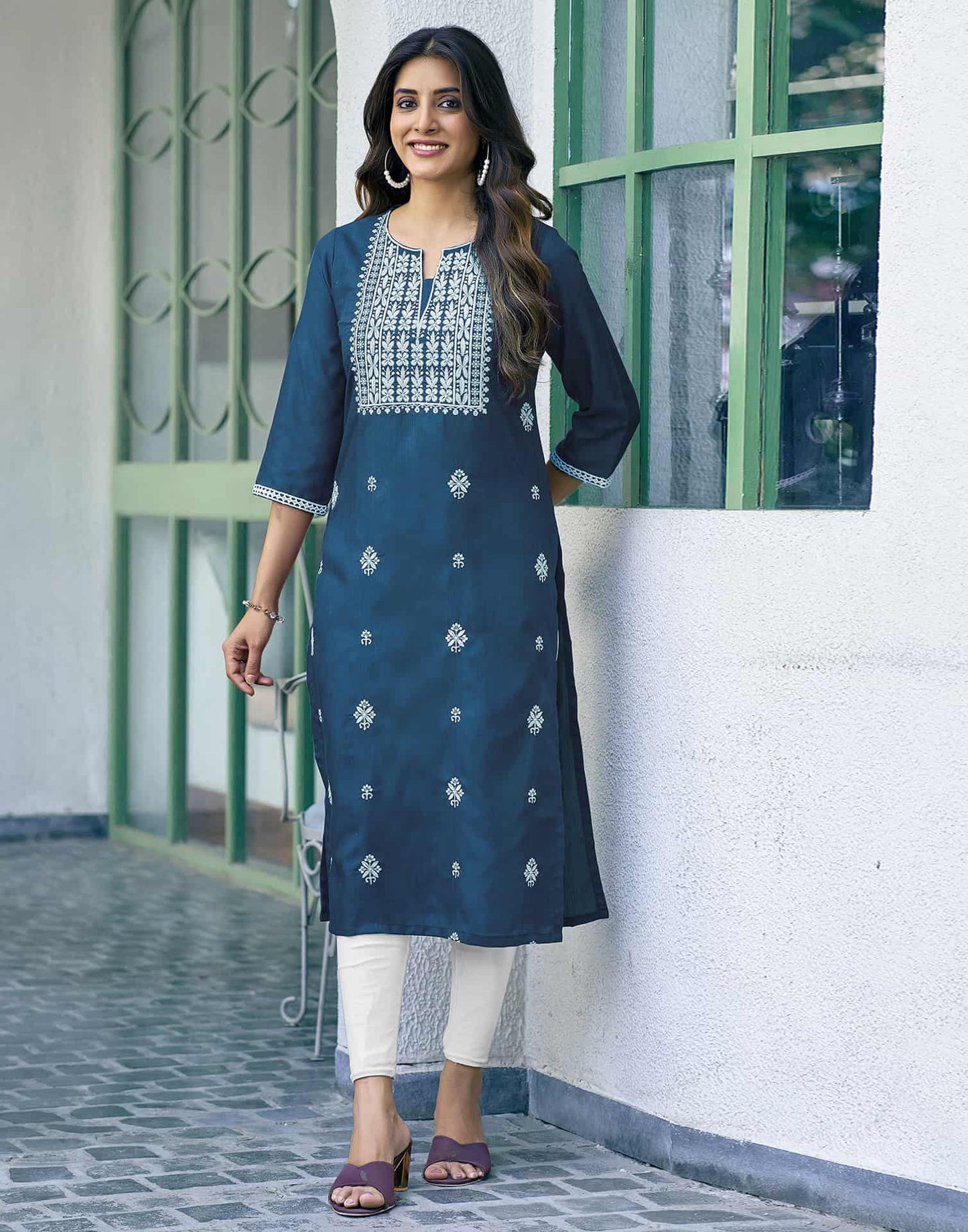 Cotton Embroidered Straight Kurti