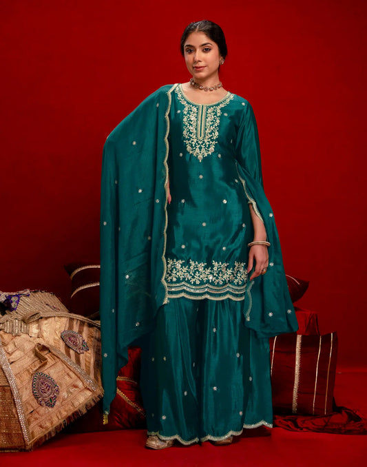 Teal Round Neck Embroidery Sharara 3 Piece Kurta Set With Dupatta