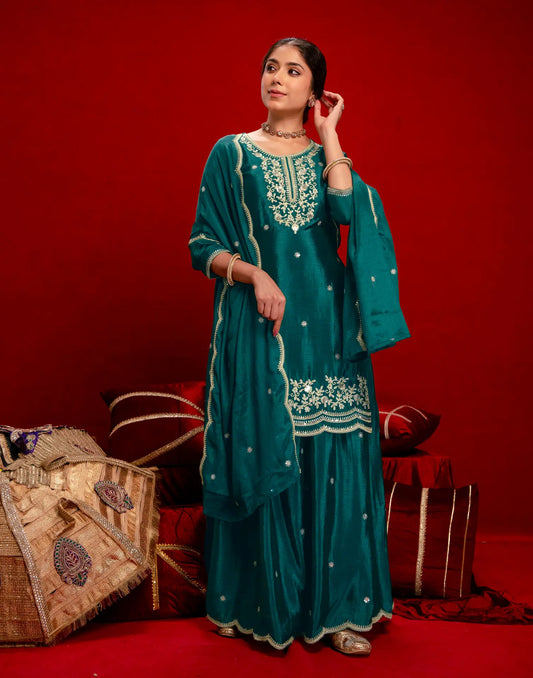 Teal Round Neck Embroidery Sharara 3 Piece Kurta Set With Dupatta