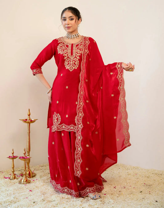 Red Round Neck Embroidery Sharara 3 Piece Kurta Set With Dupatta
