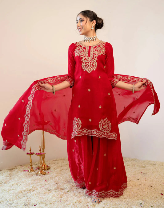 Red Round Neck Embroidery Sharara 3 Piece Kurta Set With Dupatta