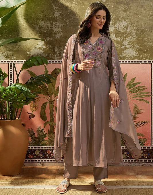 Saddle Brown V-Neck Embroidery Anarkali 3 Piece Kurta Set With Dupatta