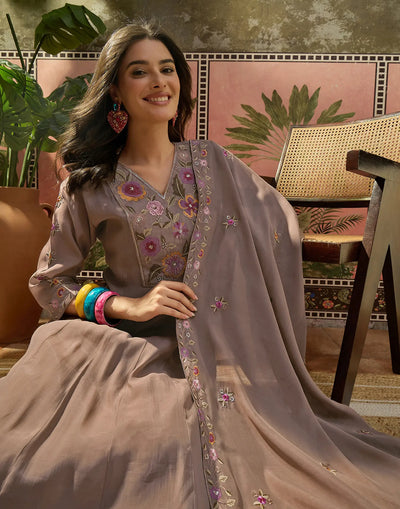 Saddle Brown V-Neck Embroidery Anarkali 3 Piece Kurta Set With Dupatta