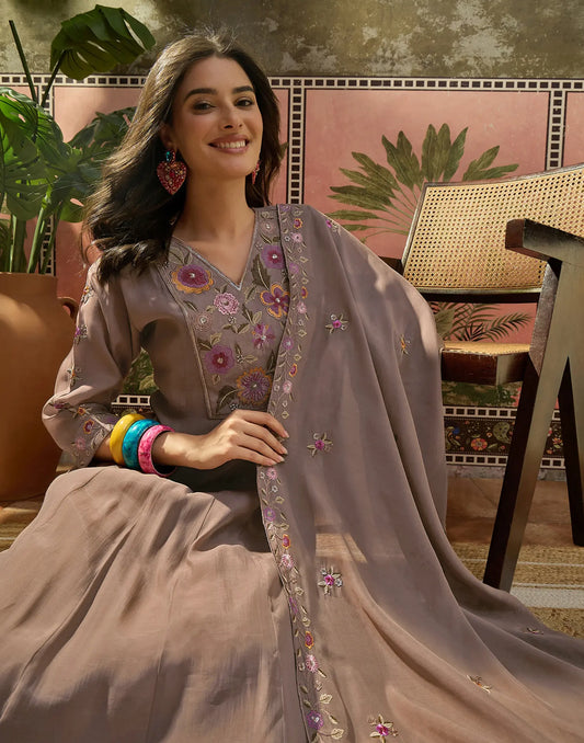 Saddle Brown V-Neck Embroidery Anarkali 3 Piece Kurta Set With Dupatta