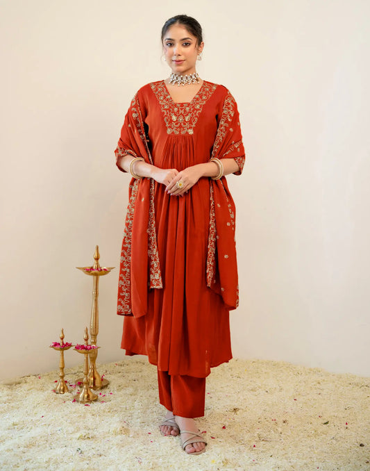 Bright Orange Glass Neck Embroidery Anarkali 3 Piece Kurta Set With Dupatta