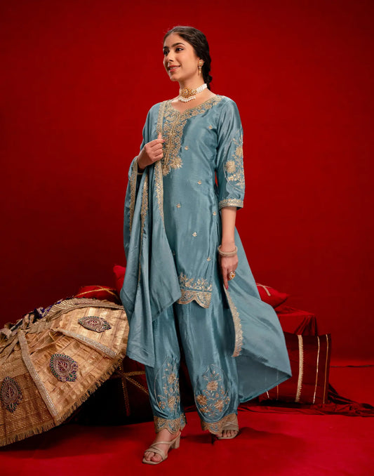 Sky Blue Notched Neck Embroidery Palazzo 3 Piece Kurta Set With Dupatta