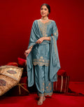 Sky Blue Notched Neck Embroidery Palazzo 3 Piece Kurta Set With Dupatta