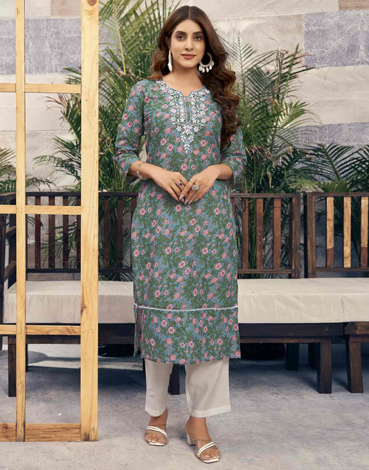 Cotton Embroidered Straight Kurti