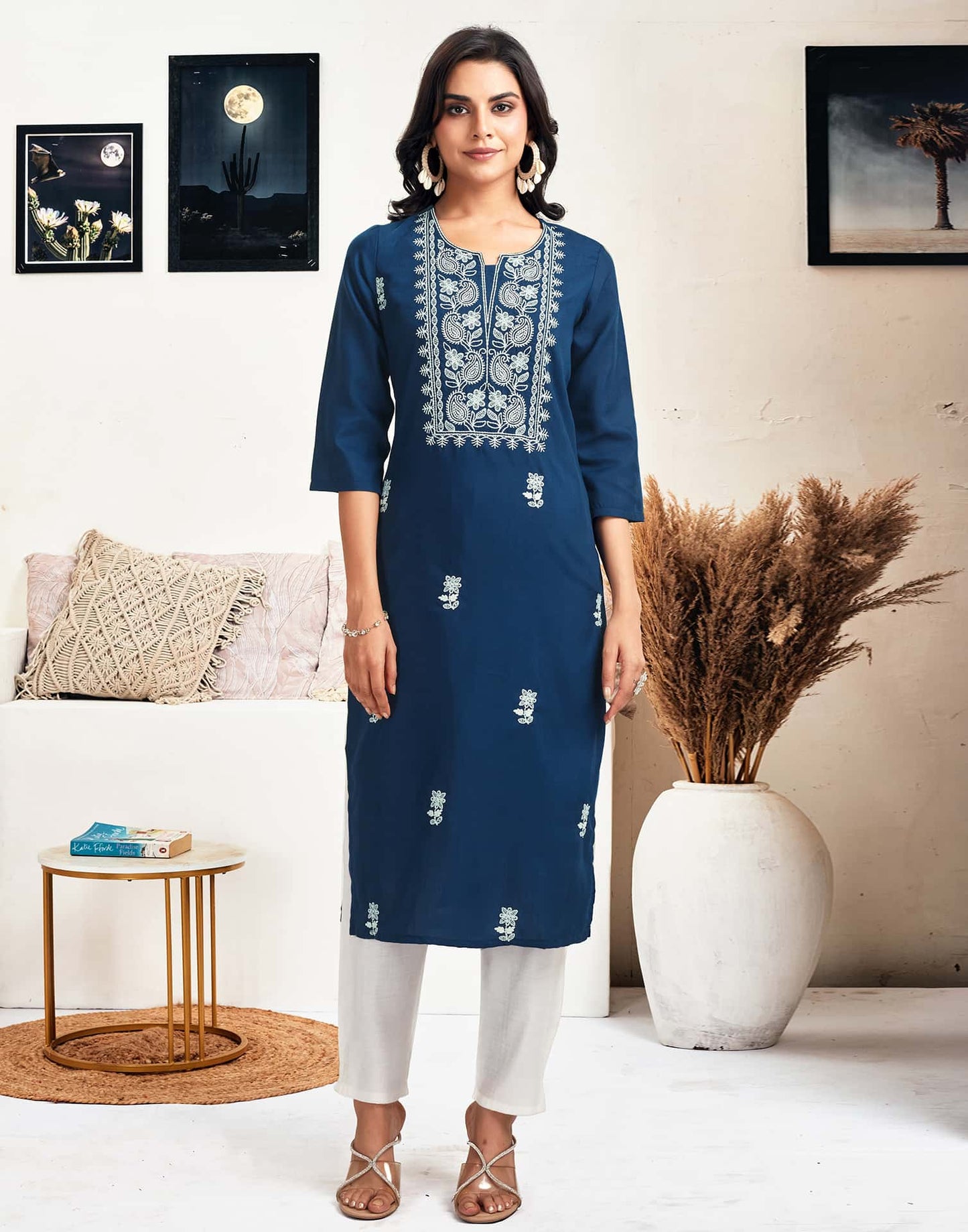 Cotton Embroidered Straight Kurti