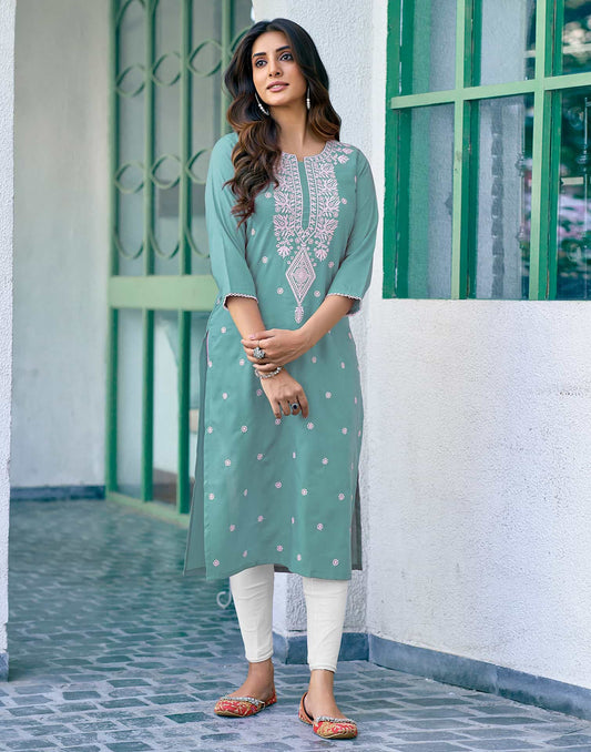 Cotton Embroidered Straight Kurti