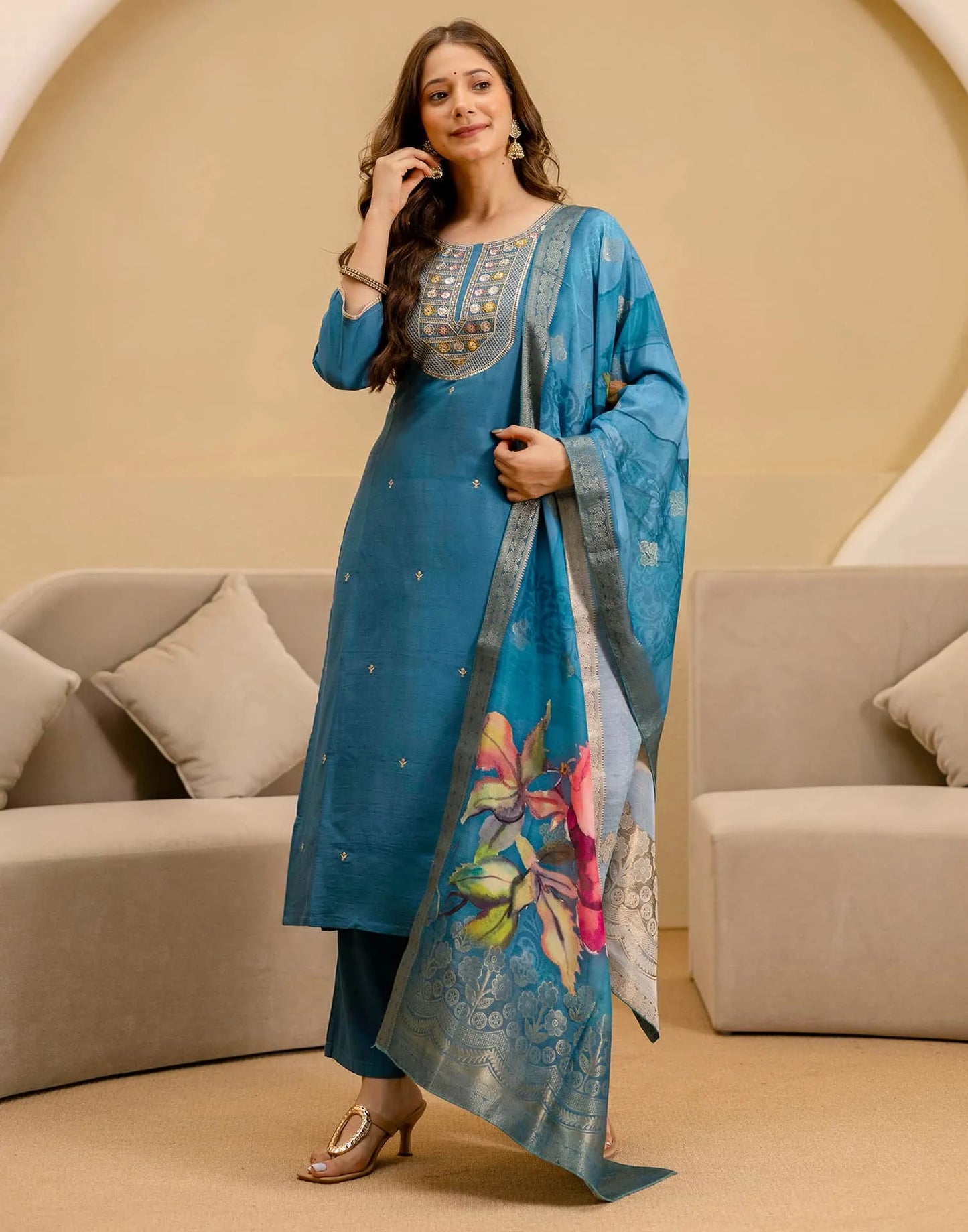 Affordable Blue Silk Embroidered Straight Kurta Set under 999