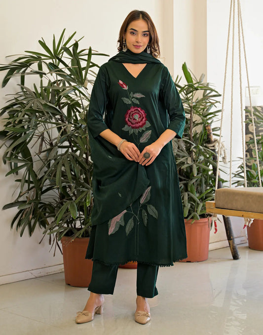 Pure Cotton Embroidered A-line 3-Piece Kurta Set with Dupatta
