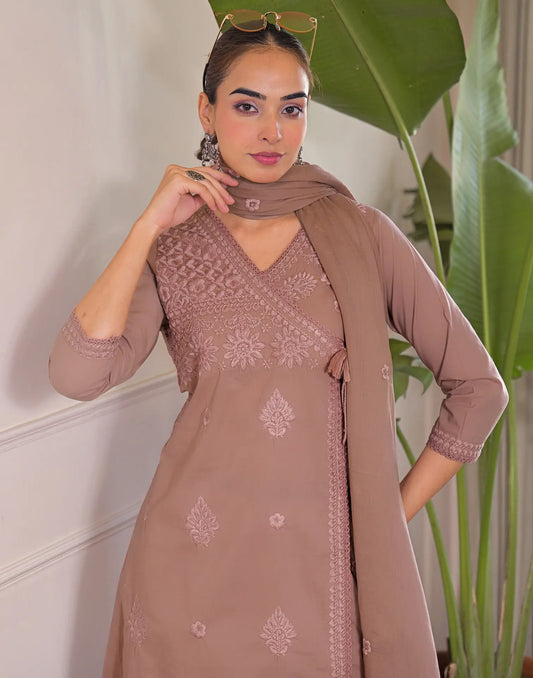 Pure Cotton Embroidered Angarkha 3 Piece Kurta Set