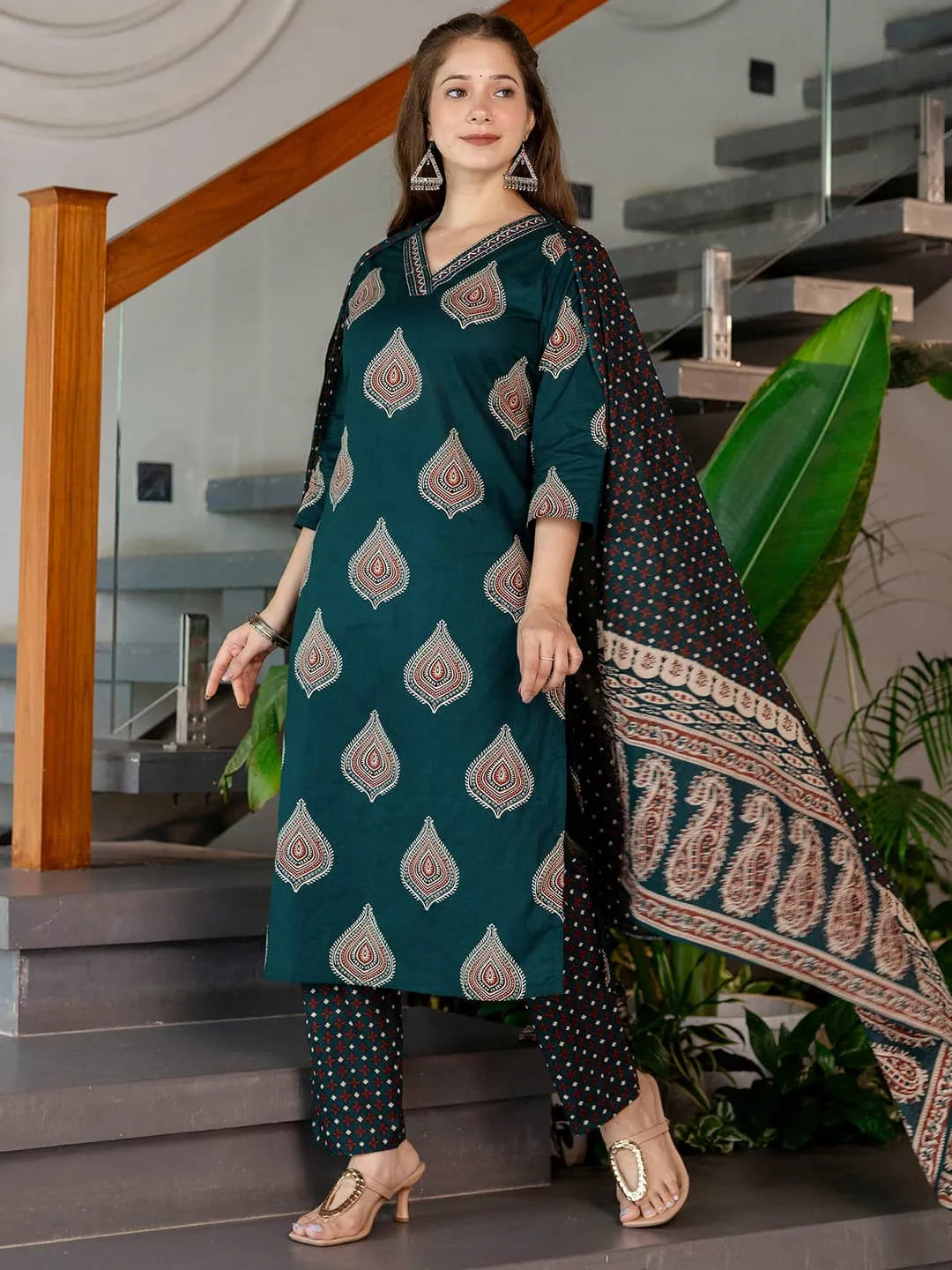Affordable Cotton Printed V-Neck Kurta Set with Pant & Dupatta for Women under 999