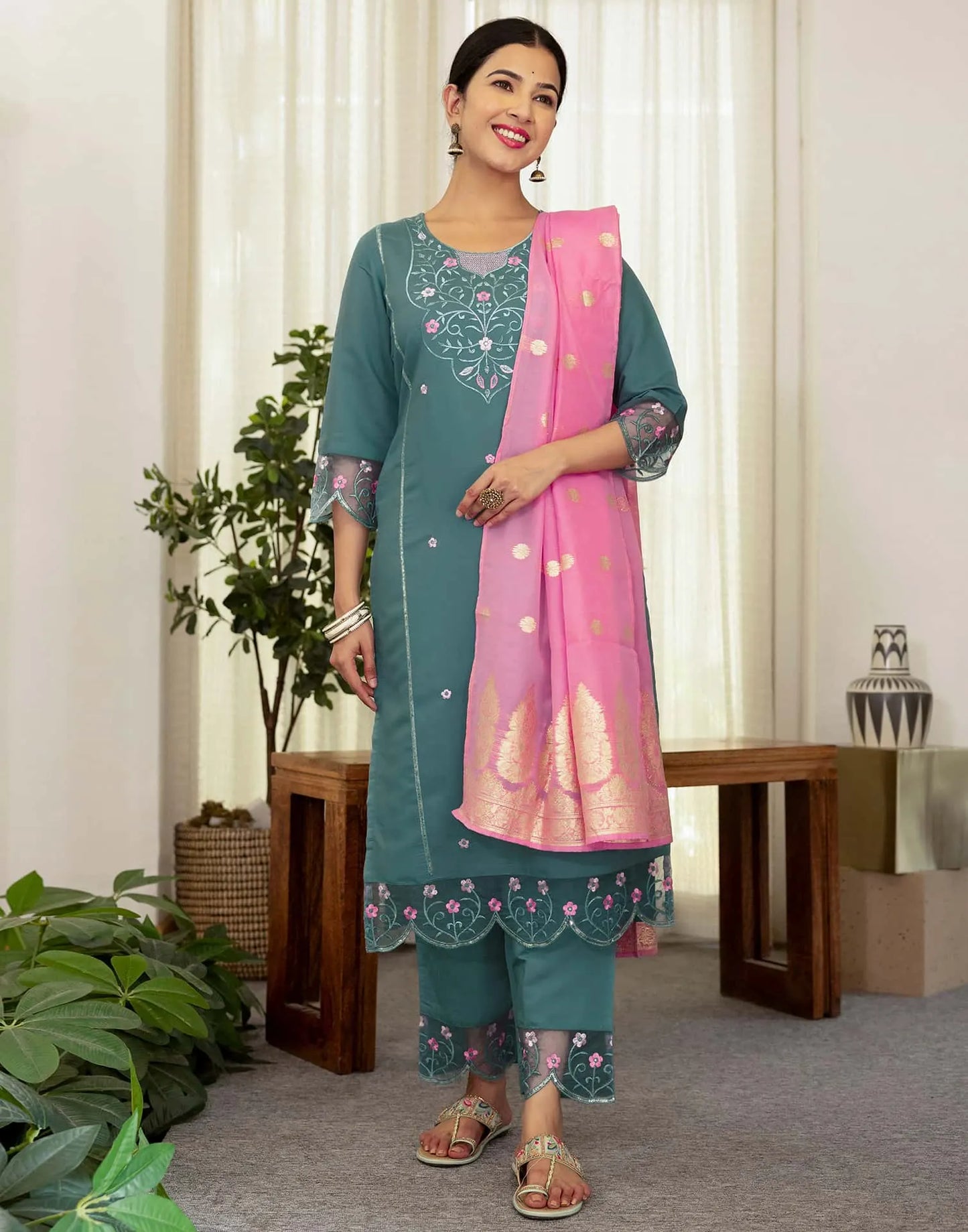 Silk Blend Embroidered Straight Kurta with Pant & Dupatta