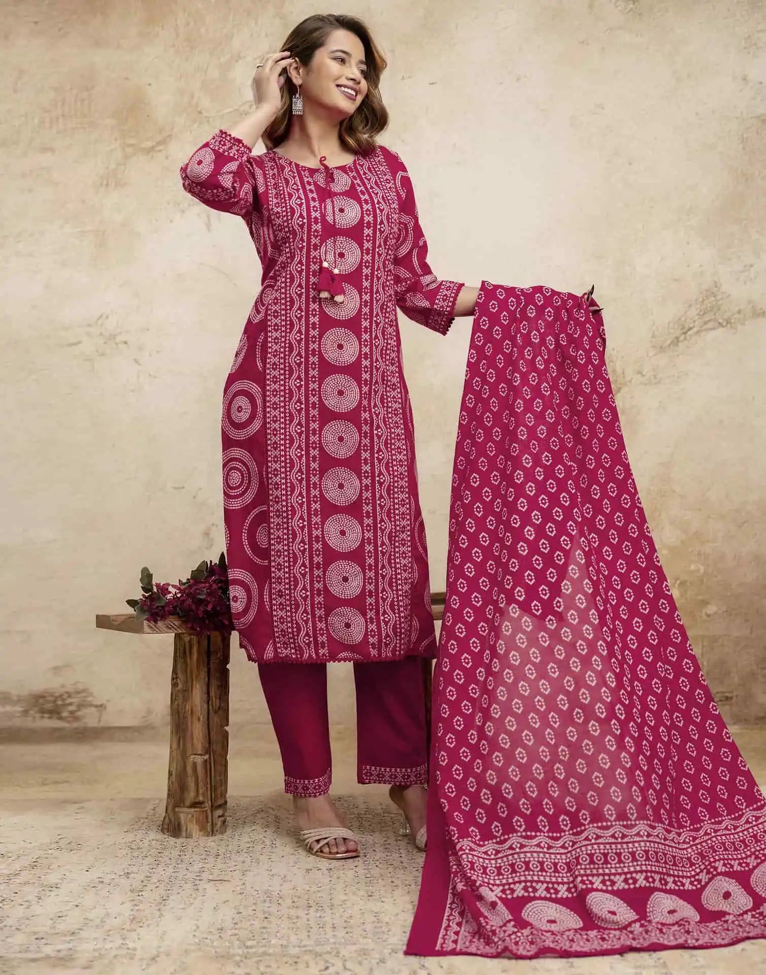 Pink Cotton Bandhani Printed Straight Kurta Set with Pant and Dupatta
