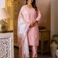 Pink Cotton Woven Design Straight Kurta Set for Women with Pant and Dupatta