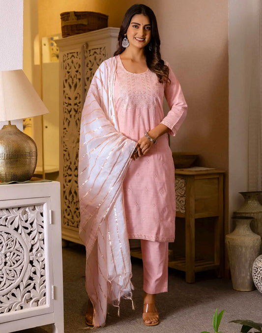 Pink Cotton Woven Design Straight Kurta Set for Women with Pant and Dupatta