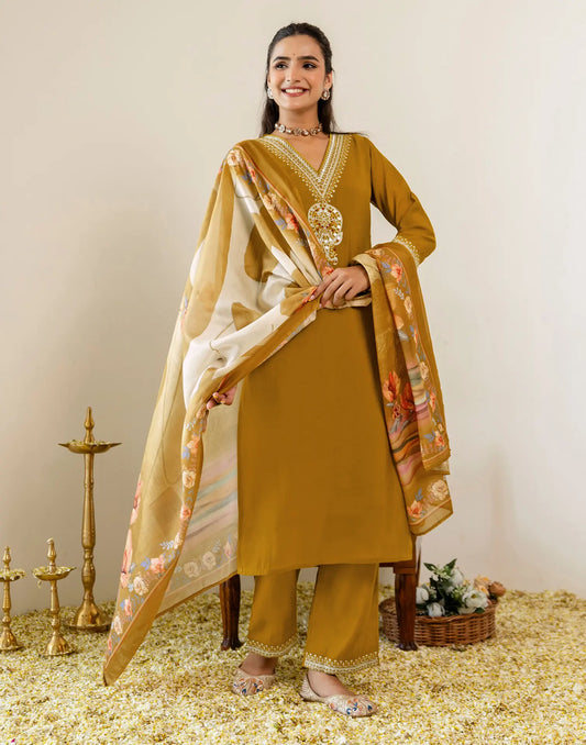 Silk Blend Embroidered Straight 3 Piece Kurta Set