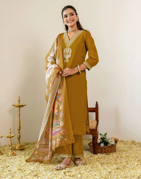 Silk Blend Embroidered Straight 3 Piece Kurta Set