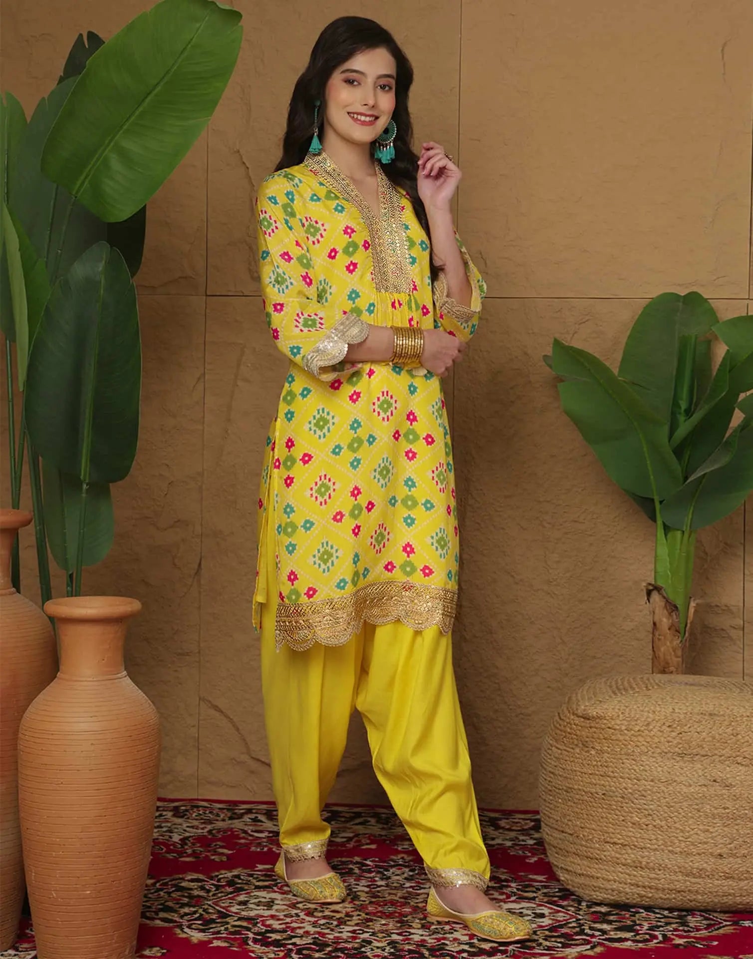Yellow Silk Printed Straight Kurta Set for Women with Patiala Pant and Dupatta