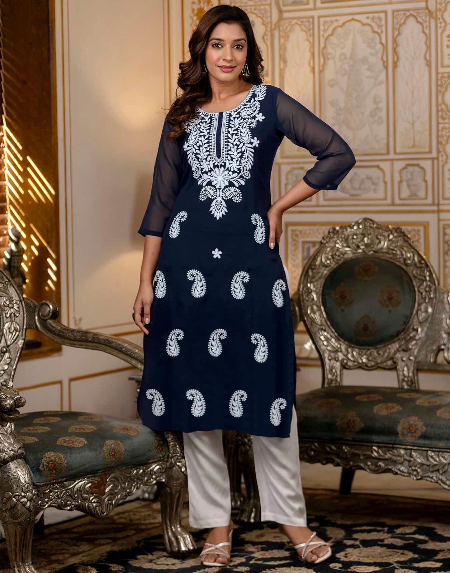 Georgette Embroidered Straight Kurti