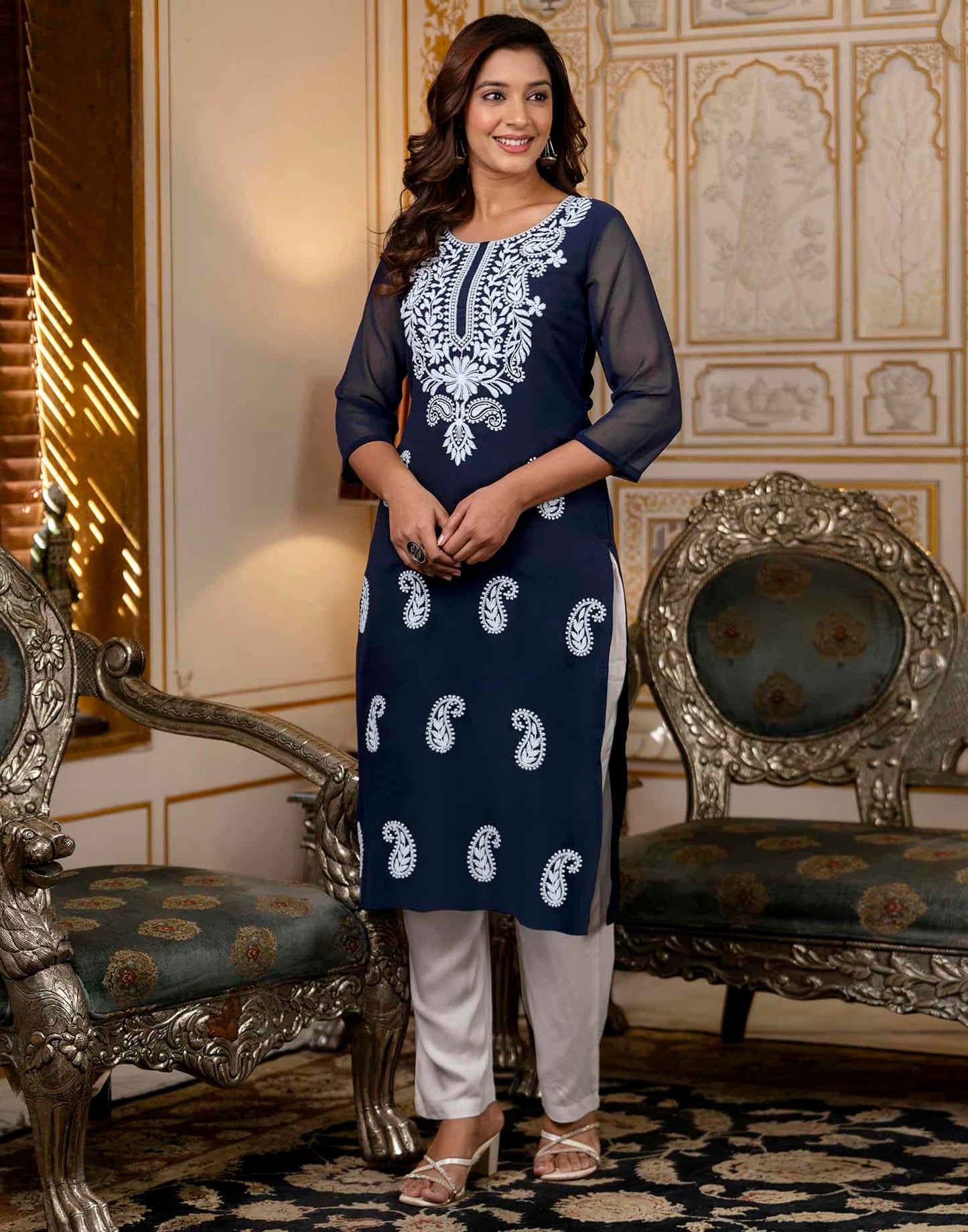 Georgette Embroidered Straight Kurti