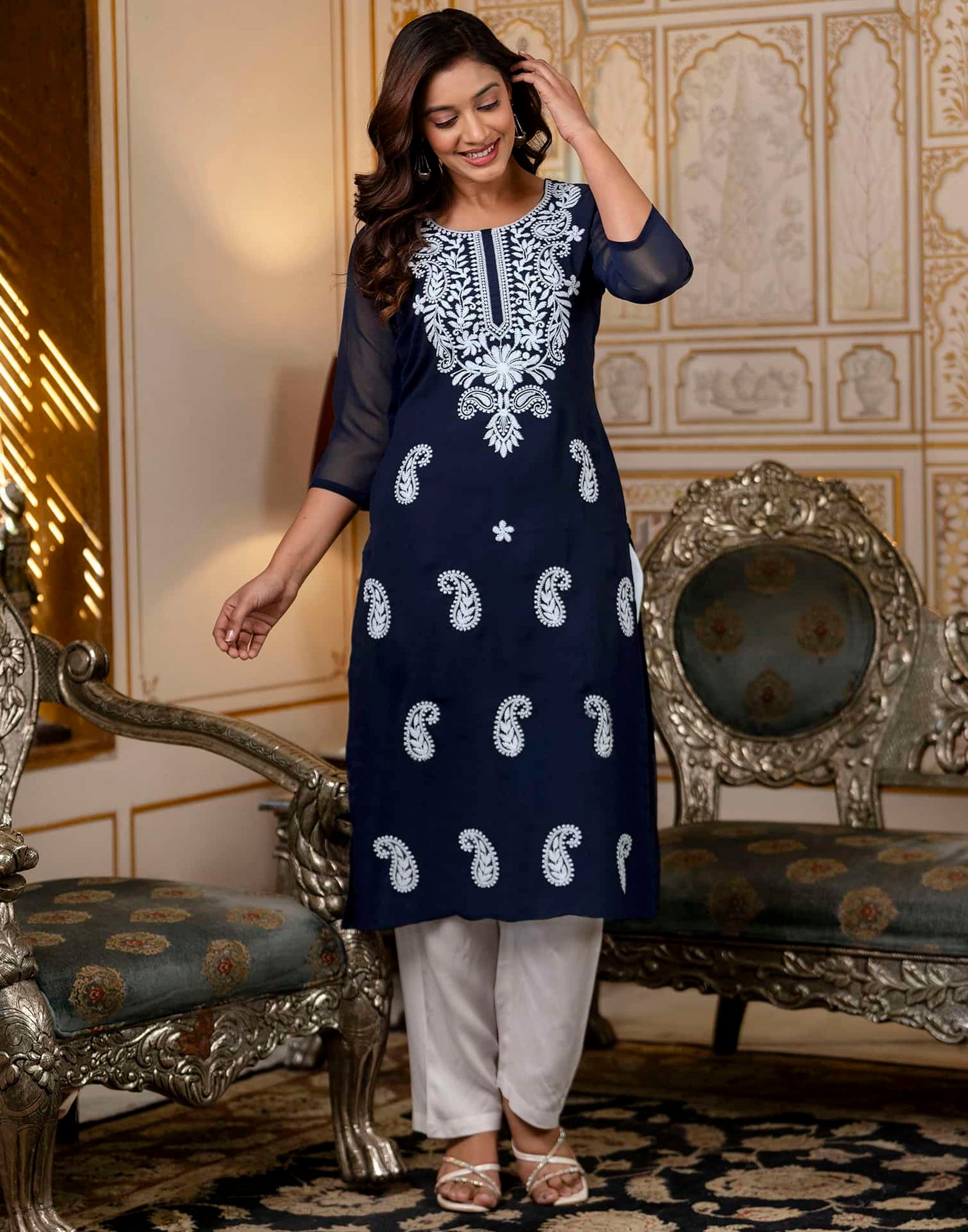 Georgette Embroidered Straight Kurti