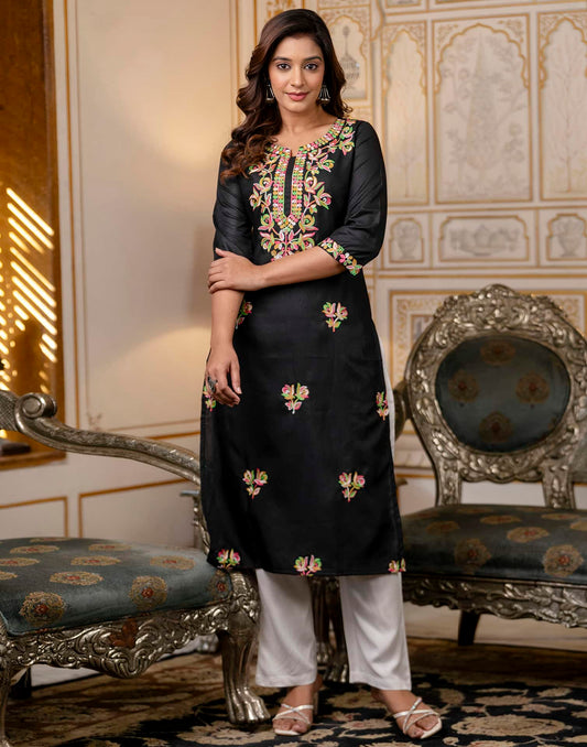 Cotton Embroidered Straight Kurti