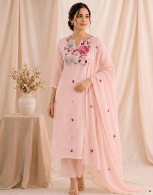 Chanderi Embroidered Straight 3 Piece Kurta Set