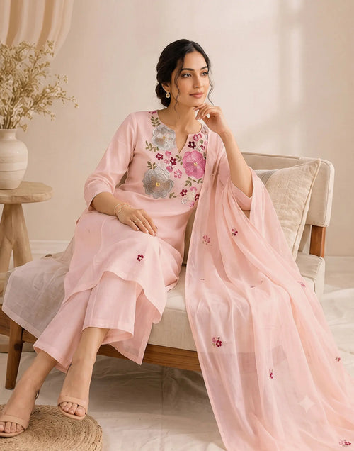Chanderi Embroidered Straight 3 Piece Kurta Set