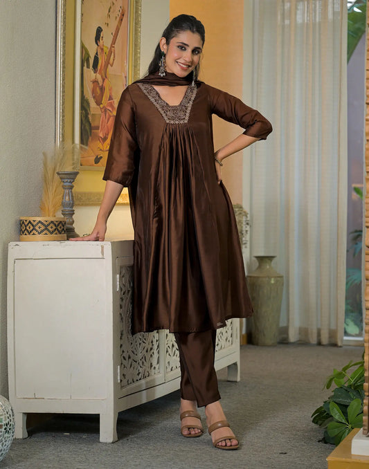 Mul Chanderi Embroidered A-line 3 Piece Kurta Set