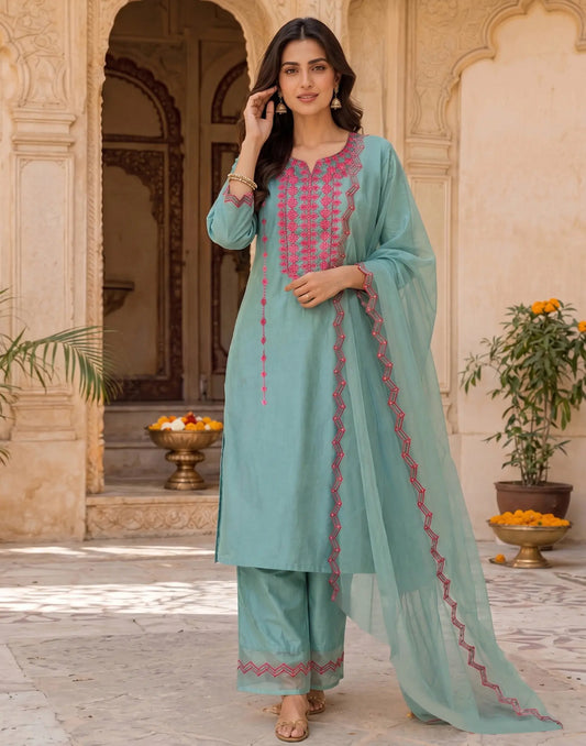 Aqua Blue Split Round Neck Contrast Embroidered Straight 3-Piece Kurta Set with Organza Dupatta