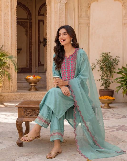 Aqua Blue Split Round Neck Contrast Embroidered Straight 3-Piece Kurta Set with Organza Dupatta