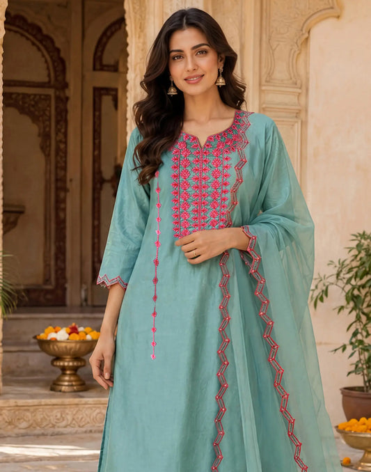 Aqua Blue Split Round Neck Contrast Embroidered Straight 3-Piece Kurta Set with Organza Dupatta