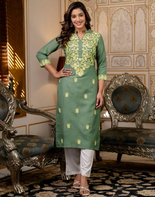 Cotton Embroidered Straight Kurti