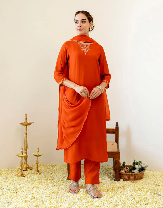 Chanderi Embroidered Straight 3 Piece Kurta Set With Dupatta