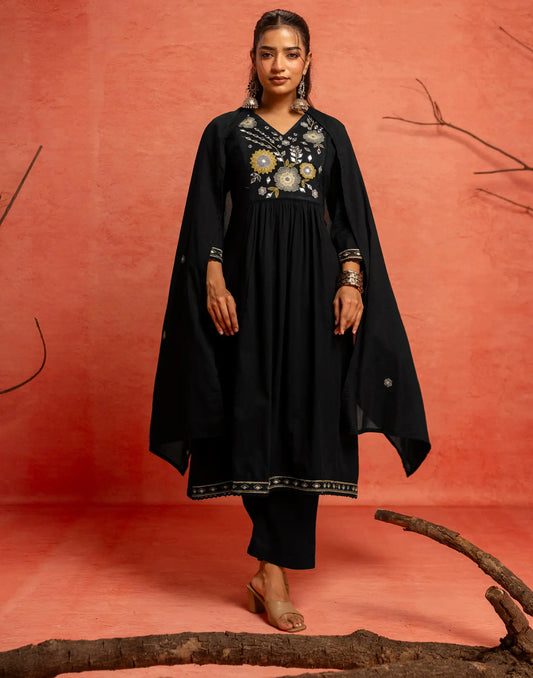 Pure Cotton Embroidered A-line 3-Piece Kurta Set with Dupatta