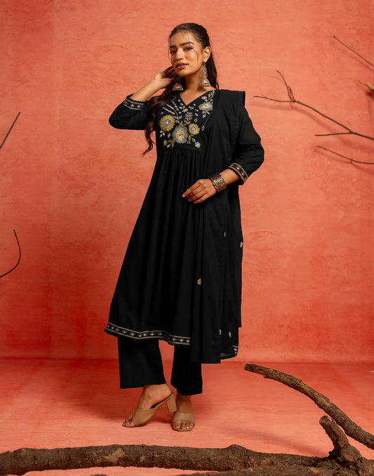 Pure Cotton Embroidered A-line 3-Piece Kurta Set with Dupatta