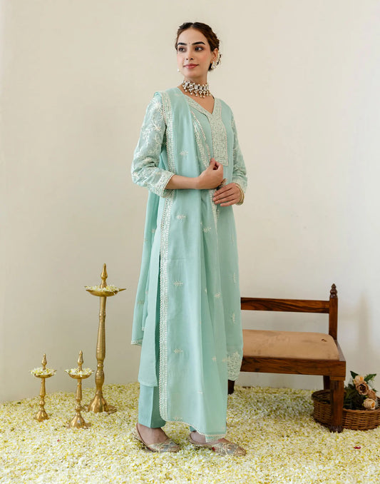 Chanderi Embroidered Straight 3 Piece Kurta Set
